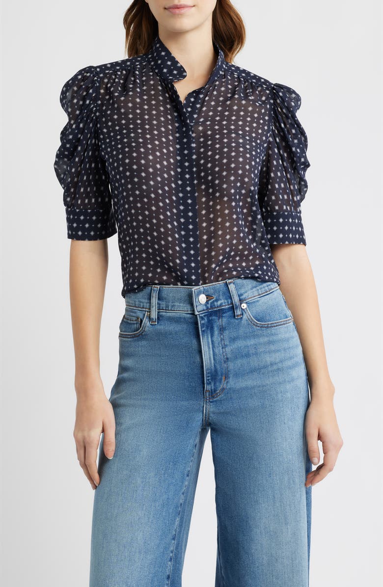 FRAME Gillian Print Silk Button-Up Shirt, Main, color, Navy Multi