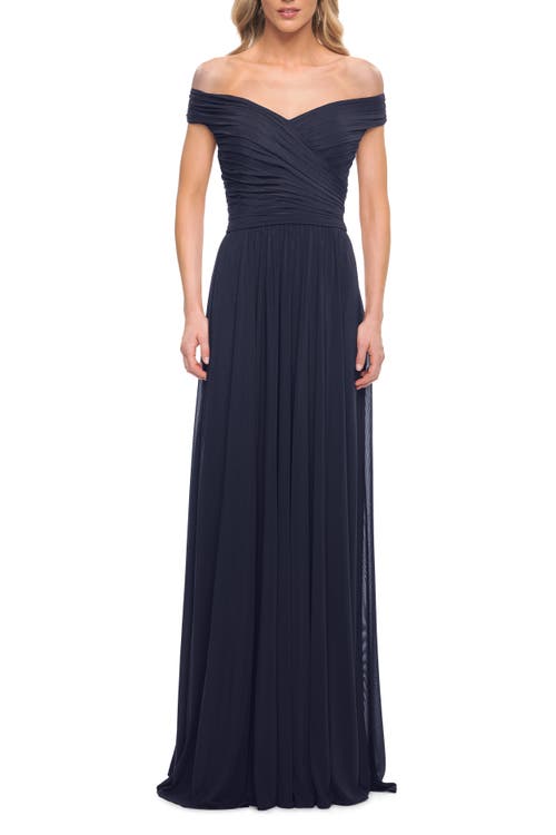 La Femme Off The Shoulder Net Jersey Long Dress With Ruching In Navy