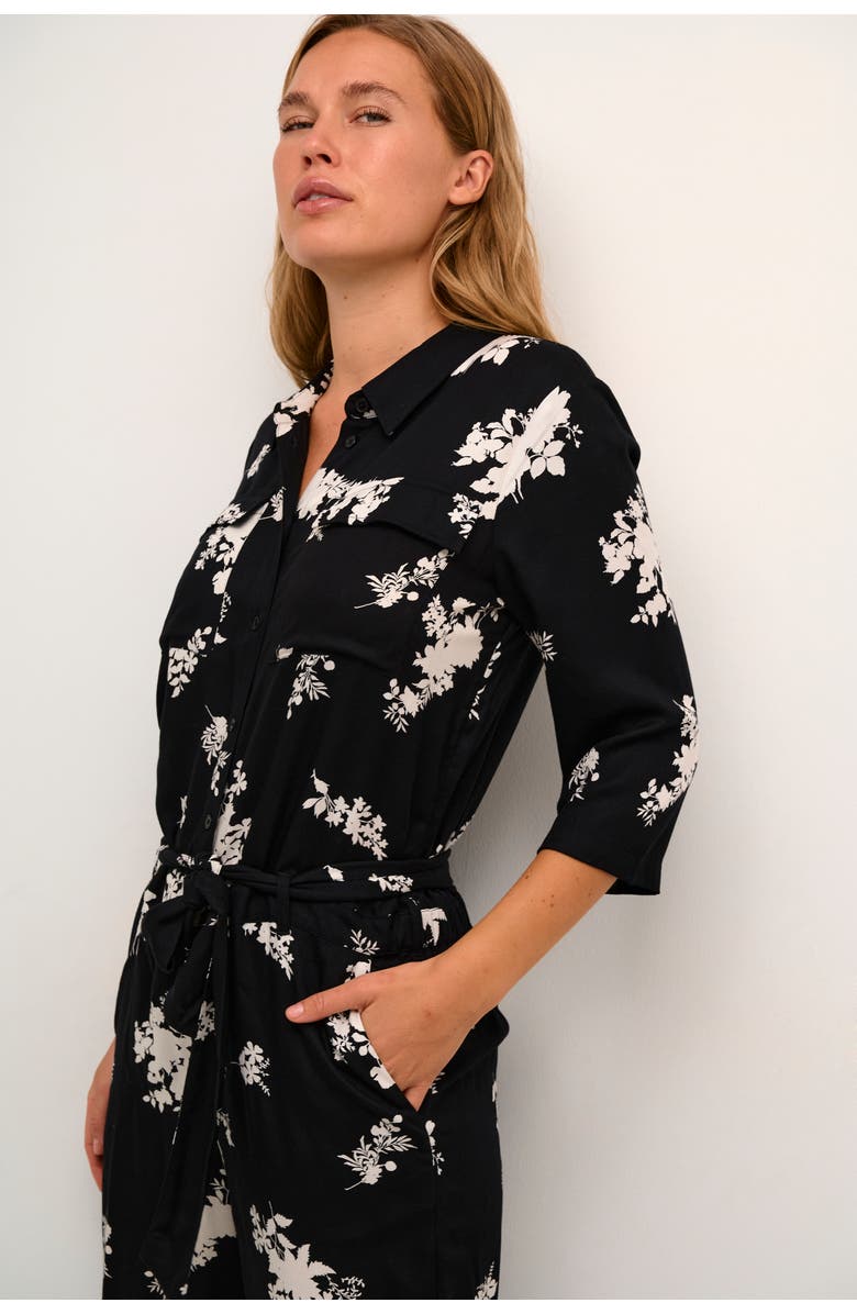 Kaffe Rutie 3/4 Sleeve Jumpsuit, Alternate, color, Black/White Flower Print