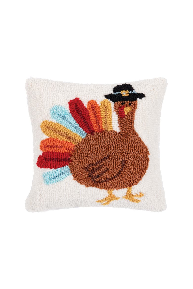 Colorful Turkey Tail Pilgrim Hat Hooked Mini Thanksgiving Accent Pillow 10" x 10", Main, color, Brown