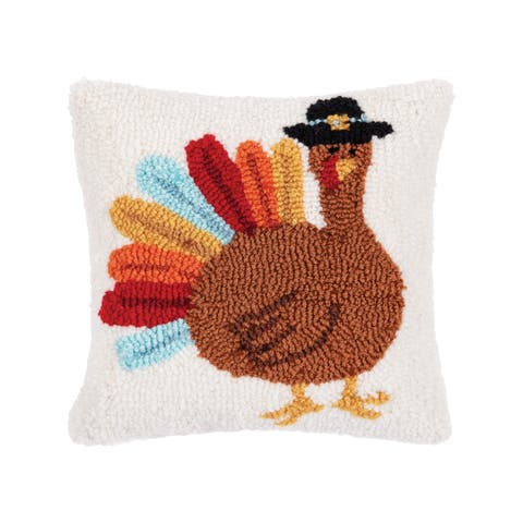 Colorful Turkey Tail Pilgrim Hat Hooked Mini Thanksgiving Accent Pillow 10" x 10"