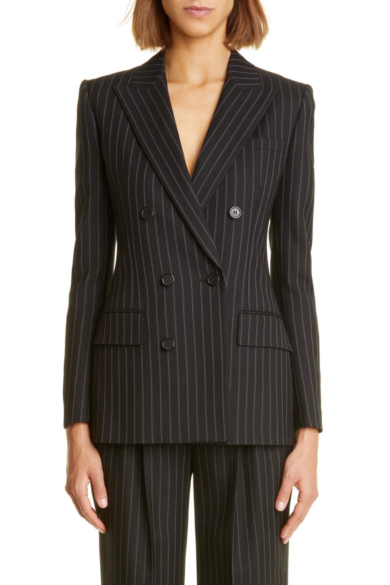 Pinstripe Double Breasted Wool Jacket, Main, color, NOIR CRAIE