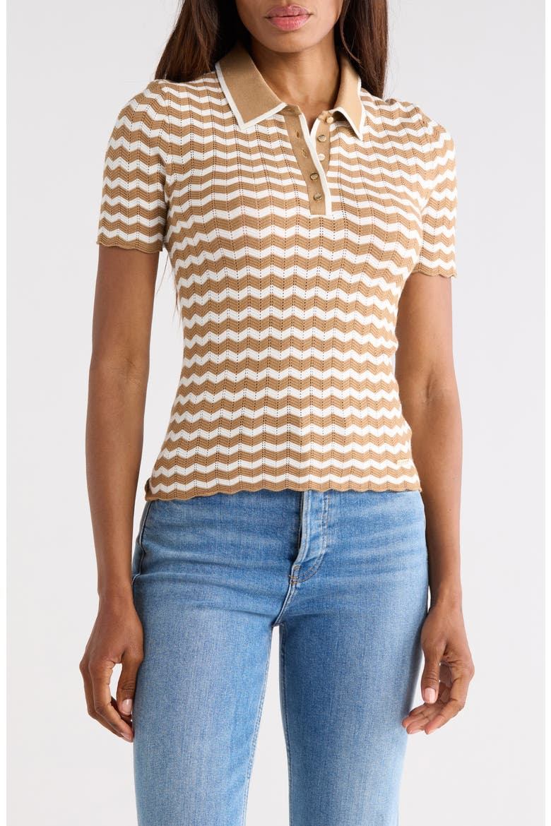 Chevron Stripe Polo Sweater, Main, color, CARAMEL/ IVORY