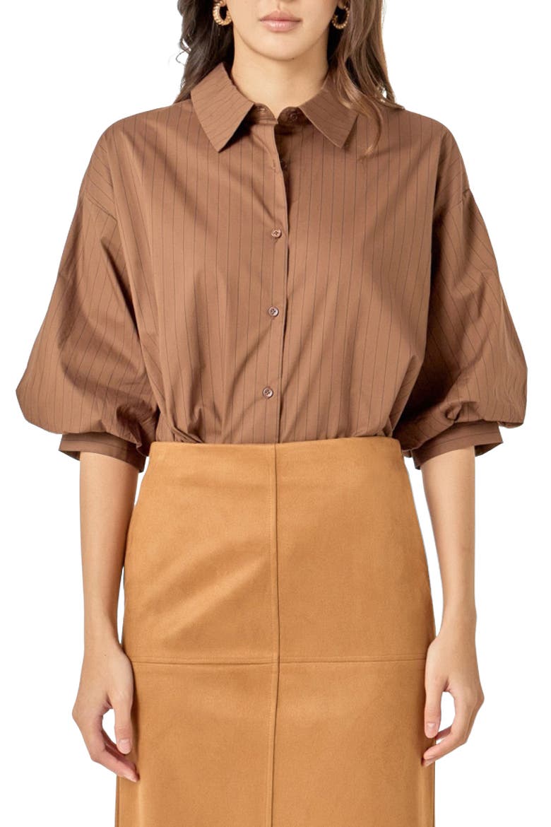 Pinstripe Balloon Sleeve Cotton Shirt, Main, color, BROWN