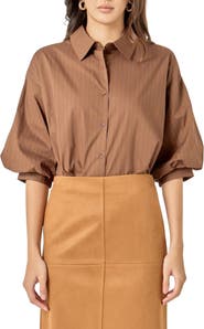 English Factory Pinstripe Balloon Sleeve Cotton Shirt