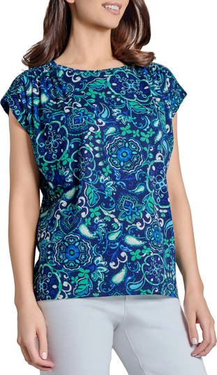 売れ筋商品|||ジョーンズニューヨーク カットソー トップス レディース Women's Printed Cap-Sleeve Top Pacific Navy Multi Cap Sleeve V-Neck Top