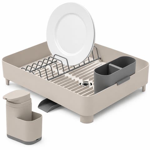 Compact Dish Drying Rack with Drainage Spout and 19 oz Liquid Soap Dispenser with Sponge Holder Nonslip Kitchen Sink Organizer