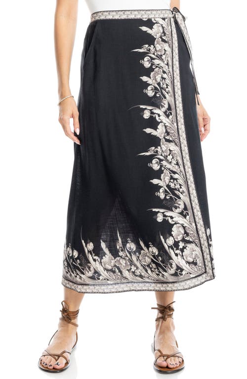 Max Studio Floral Border Faux Wrap Skirt In Black Penny Feather Leaves