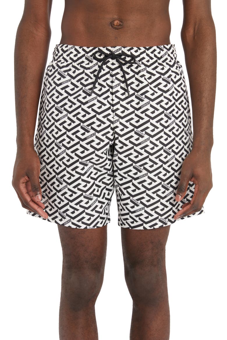 Grecca Print Swim Trunks, Main, color, WHITE/ BLACK