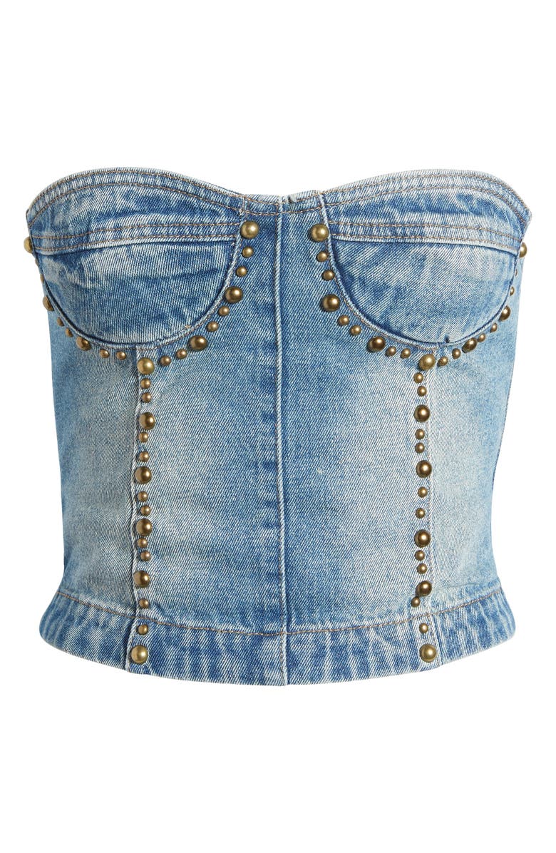 EDIKTED Studded Denim Lace-Up Corset Crop Top, Alternate, color, 
