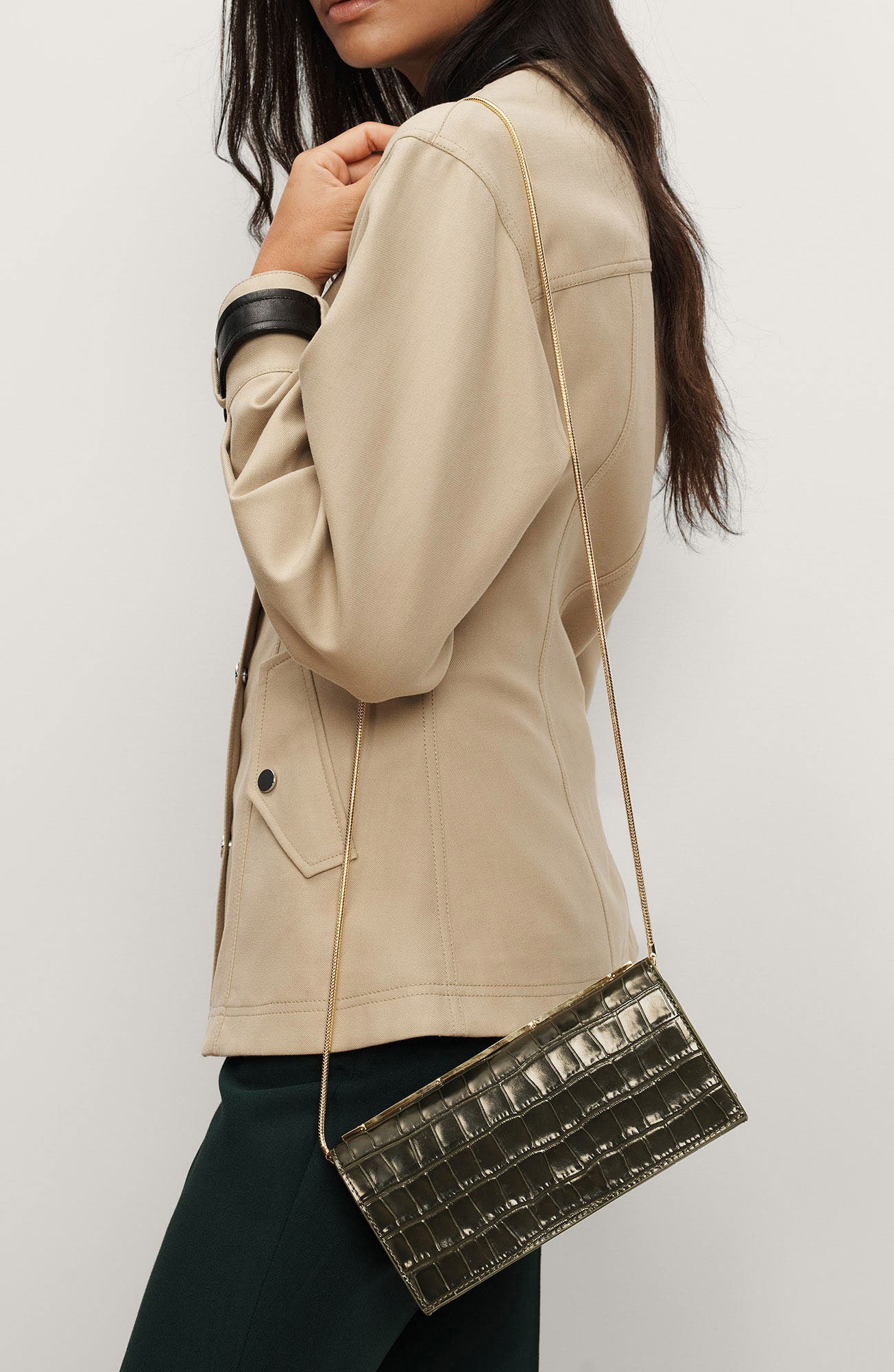 Veronica Beard Barre Croc Embossed Leather Clutch, Alternate, color, Cypress