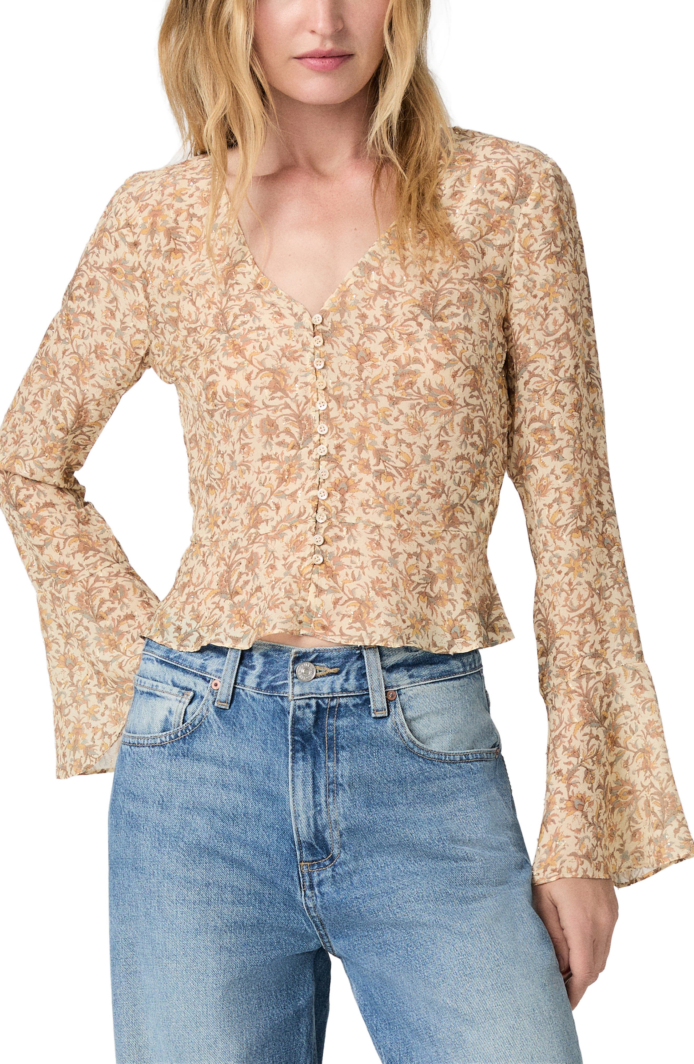 Paige Mila Metallic Floral Long Sleeve Silk Blend Button-up Shirt In Ecru Multi