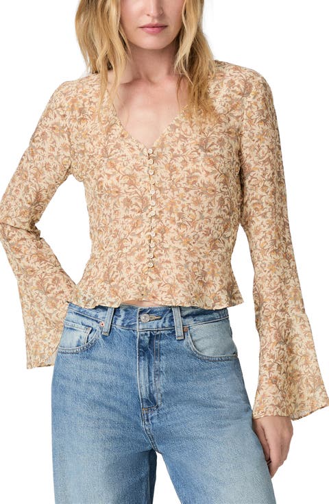 Mila Metallic Floral Long Sleeve Silk Blend Button-Up Shirt