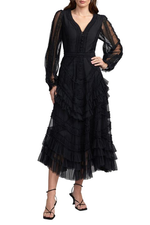 Long Sleeve V Neck Mesh Micro Ruffle Midi Dress