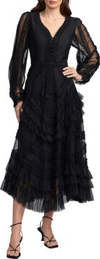 Mac Duggal Long Sleeve V Neck Mesh Micro Ruffle Midi Dress