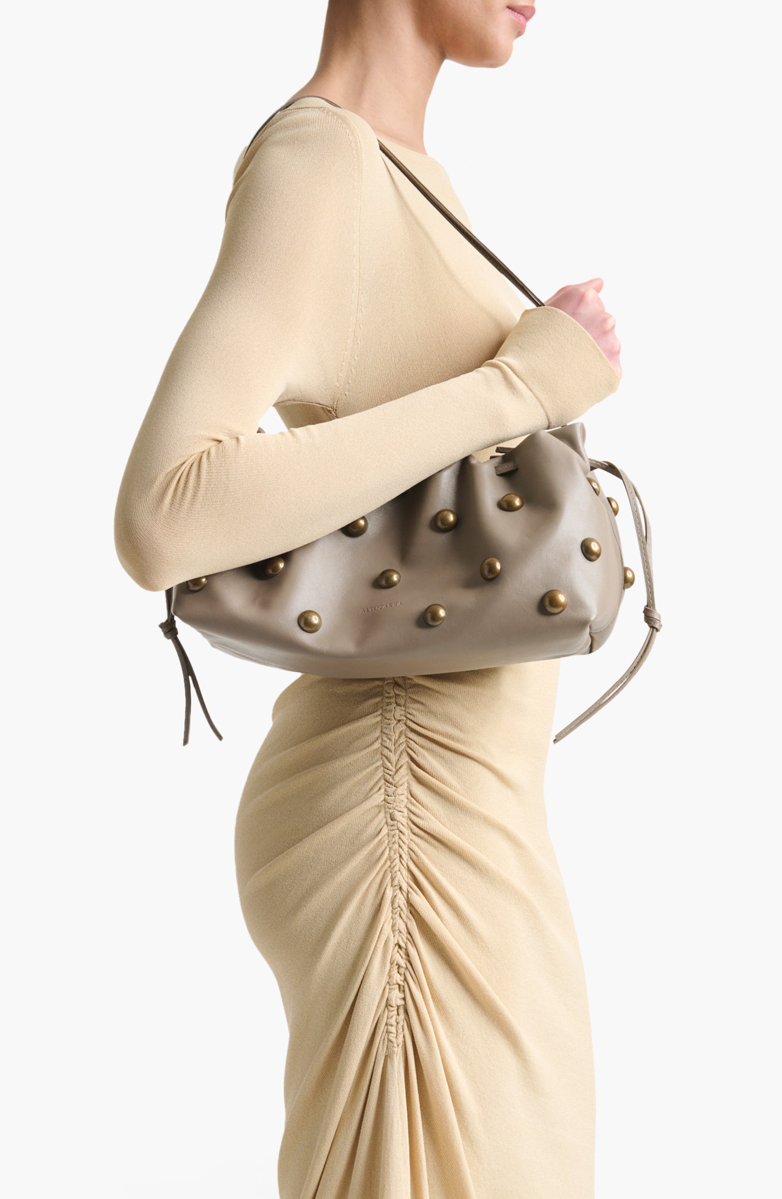 Altuzarra Drawstring Studded Leather Clutch, Alternate, color, Earth/ Gold