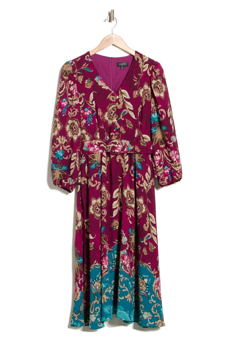 Belted Long Sleeve Midi Dress, Main, color, CRANBERRY TEAL
