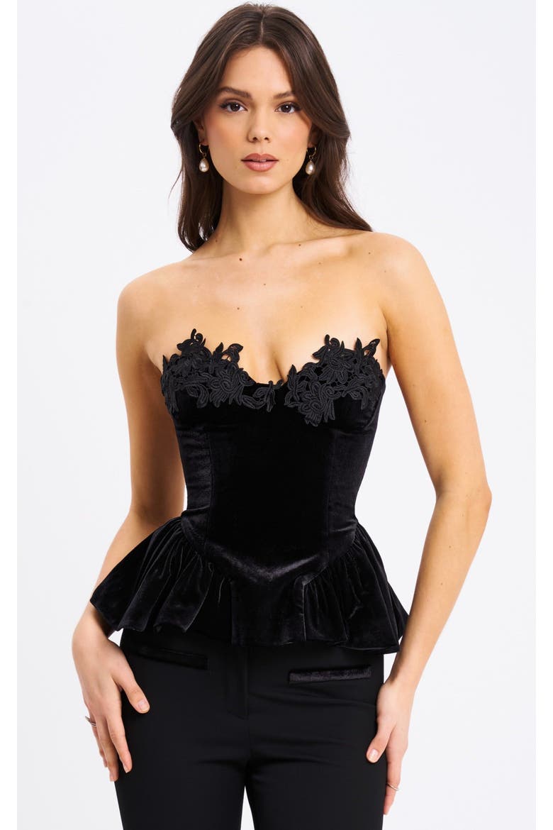 Qiaraa Velvet Peplum Top with Lace Trim, Main, color, Black