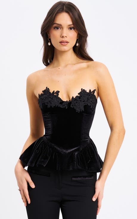 Qiaraa Velvet Peplum Top with Lace Trim