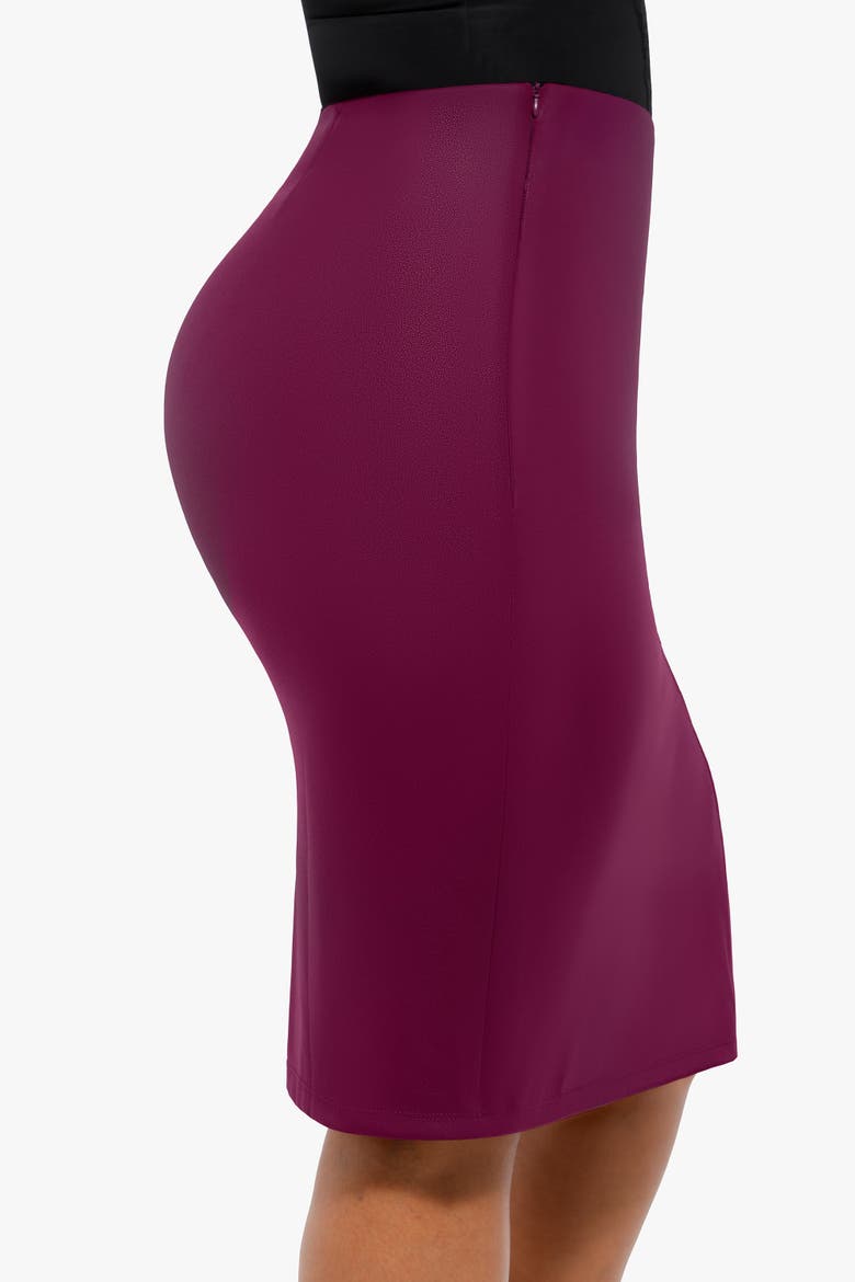 Shapewear Sculpting Faux Leather Front Slit Midi Skirt, Alternate, color, Plum