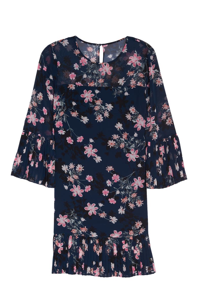 Floral Print Bell Sleeve Dress, Alternate, color, NAVY
