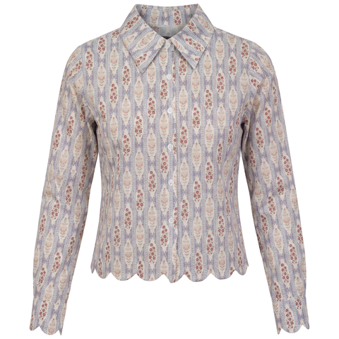 Striped Button Front Scalloped Hem Blouse
