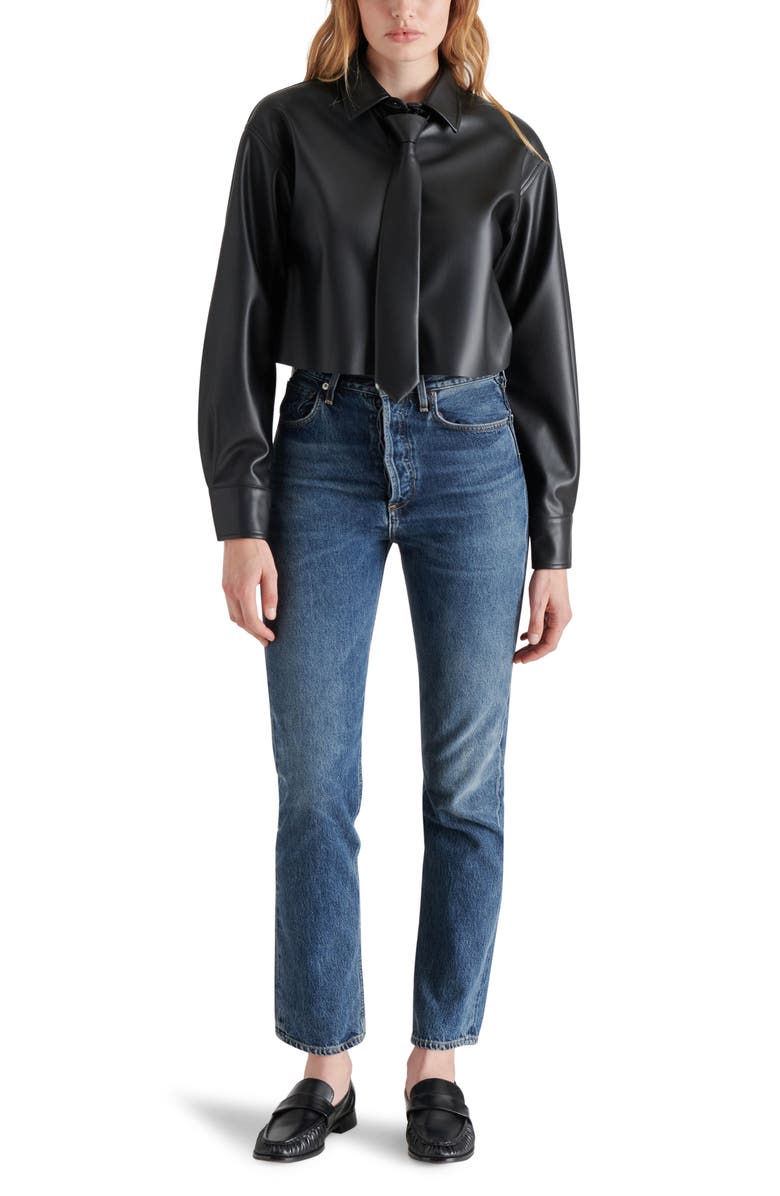 Steve Madden Dom Necktie Faux Leather Crop Snap-Up Shirt, Alternate, color, 