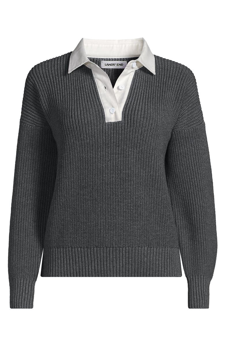 Lands' End Drifter Rugby with Woven Collar Sweater, Alternate, color, Charcoal Heather