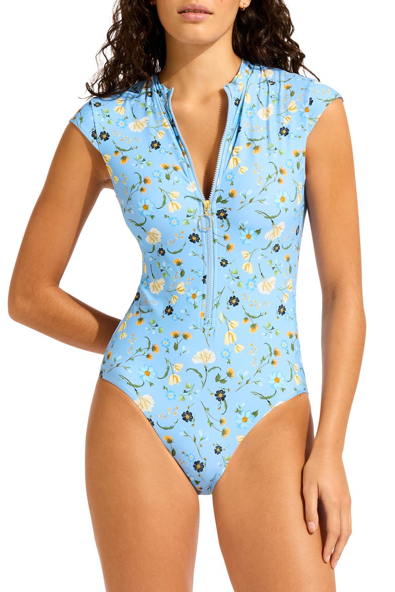 Cap Sleeve Zip-Up One-Piece Swimsuit, Main, color, POWDER BLUE