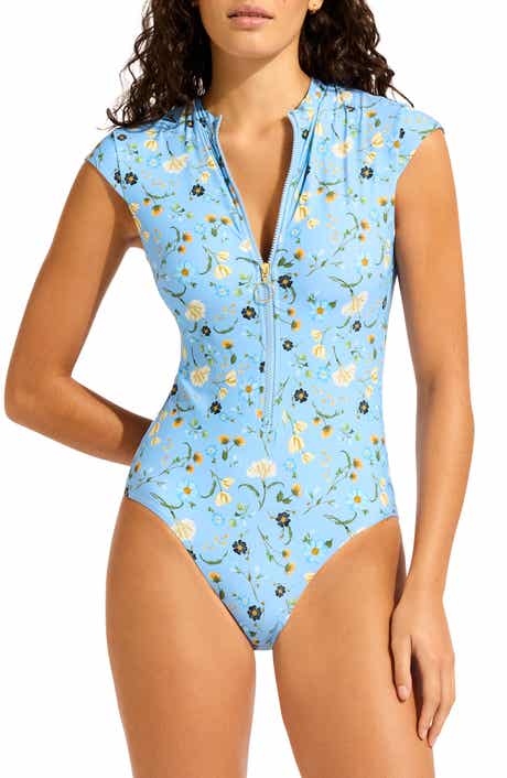 Seafolly Cap Sleeve Zip-Up One-Piece Swimsuit