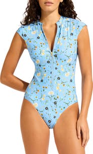 Seafolly Cap Sleeve Zip-Up One-Piece Swimsuit