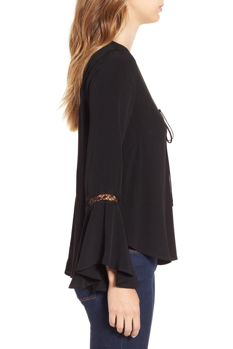 ASTR Crochet Trim Bell Sleeve Top, Alternate, color, BLACK