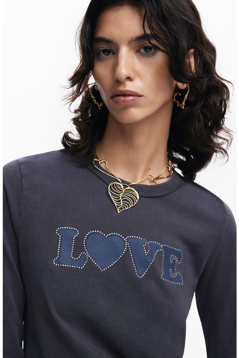 Carla Rhinestone Embellished Long Sleeve Cotton Graphic T-Shirt, Alternate, color, BLACK