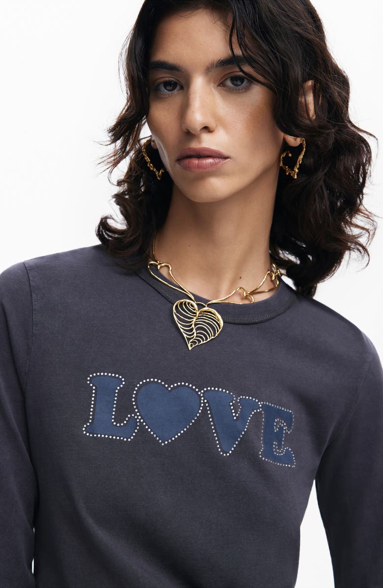 Desigual Carla Rhinestone Embellished Long Sleeve Cotton Graphic T-Shirt, Alternate, color, 