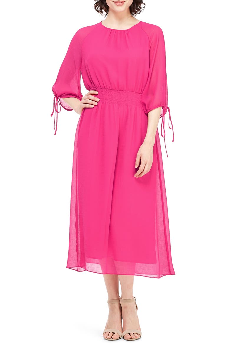 Smocked Chiffon Dress, Main, color, HIBISCUS