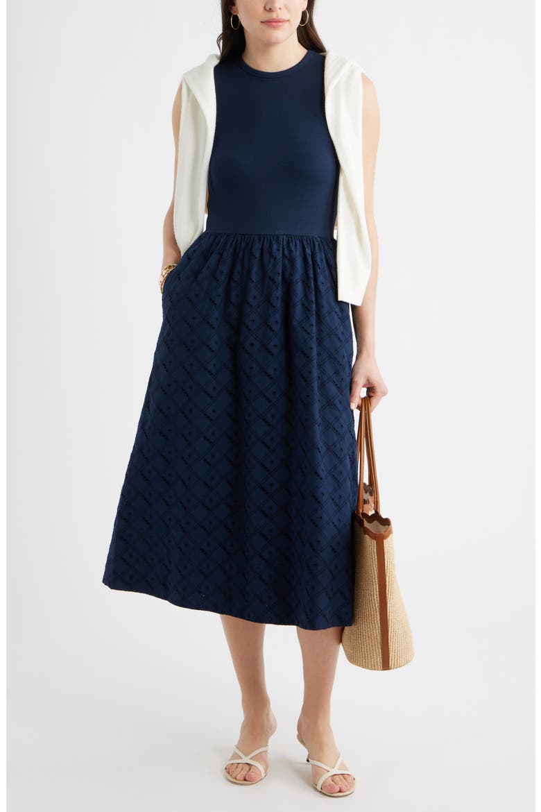 Mixed Media Midi Dress, Alternate, color, NAVY STILL