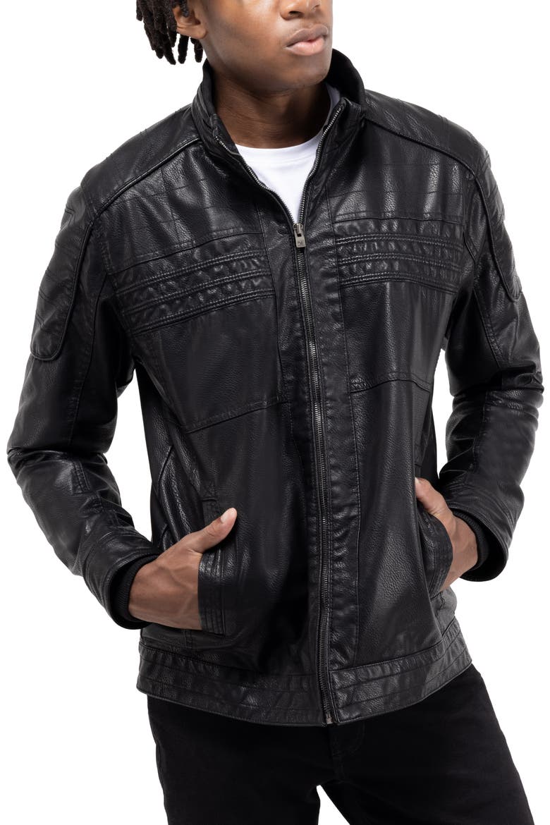 Faux Leather Hooded Moto Jacket with Faux Fur Lining, Alternate, color, BLACK