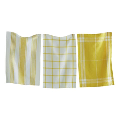 Classic Yellow Cotton Dishtowel Set of 3 Check Stripe
