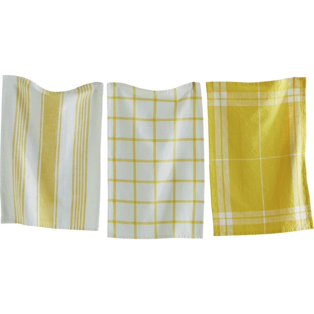 Tag Classic Dishtowel Set Of 3 Check Stripe Window Pane Yellow Cotton Yarn Dye Slub Weave Enzyme Was In Yellow