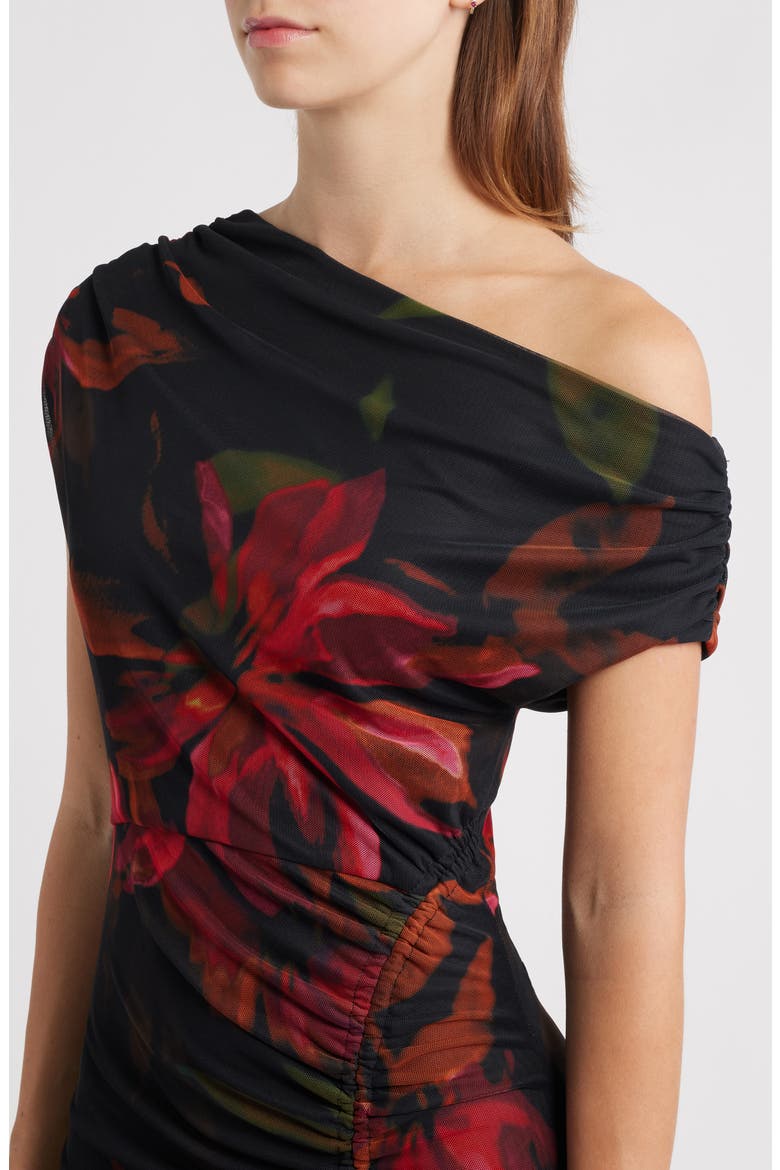 Floral One-Shoulder Mesh Gown, Alternate, color, BLACK MULTI