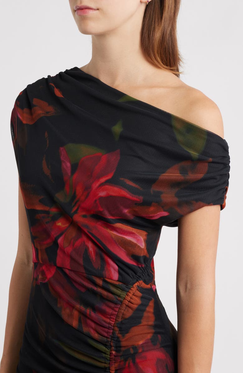 Vince Camuto Floral One-Shoulder Mesh Gown, Alternate, color, Black Multi