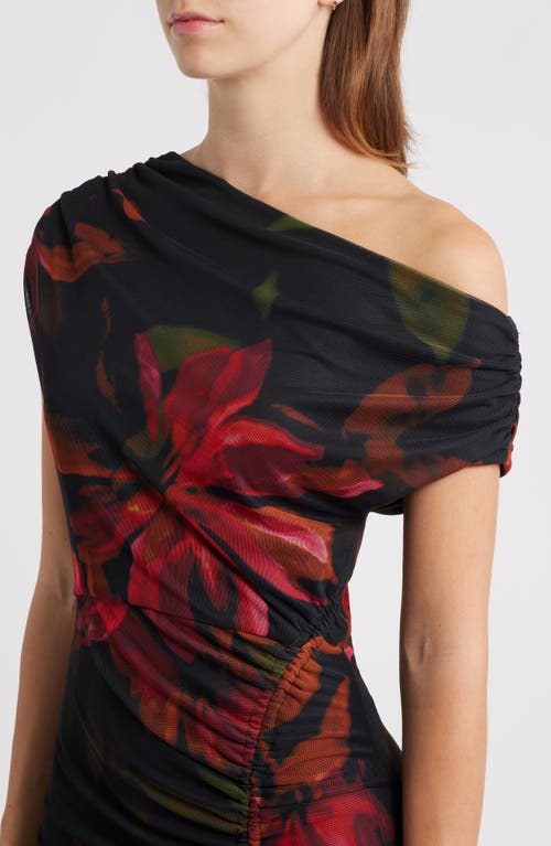 Vince Camuto Floral One-shoulder Mesh Gown In Multi