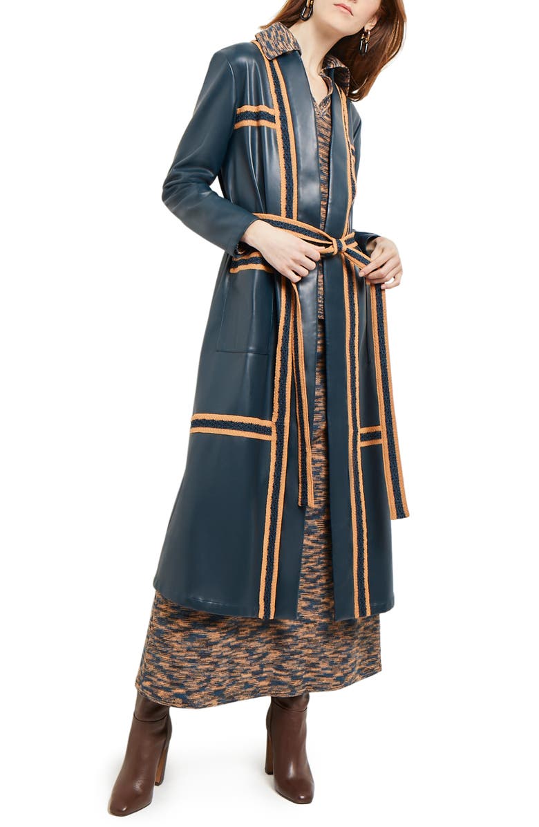 Misook Belted Knit Trim Faux Leather Longline Jacket, Main, color, 