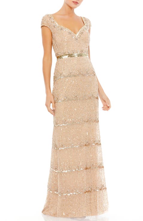 Cap Sleeve Embellished Column Gown