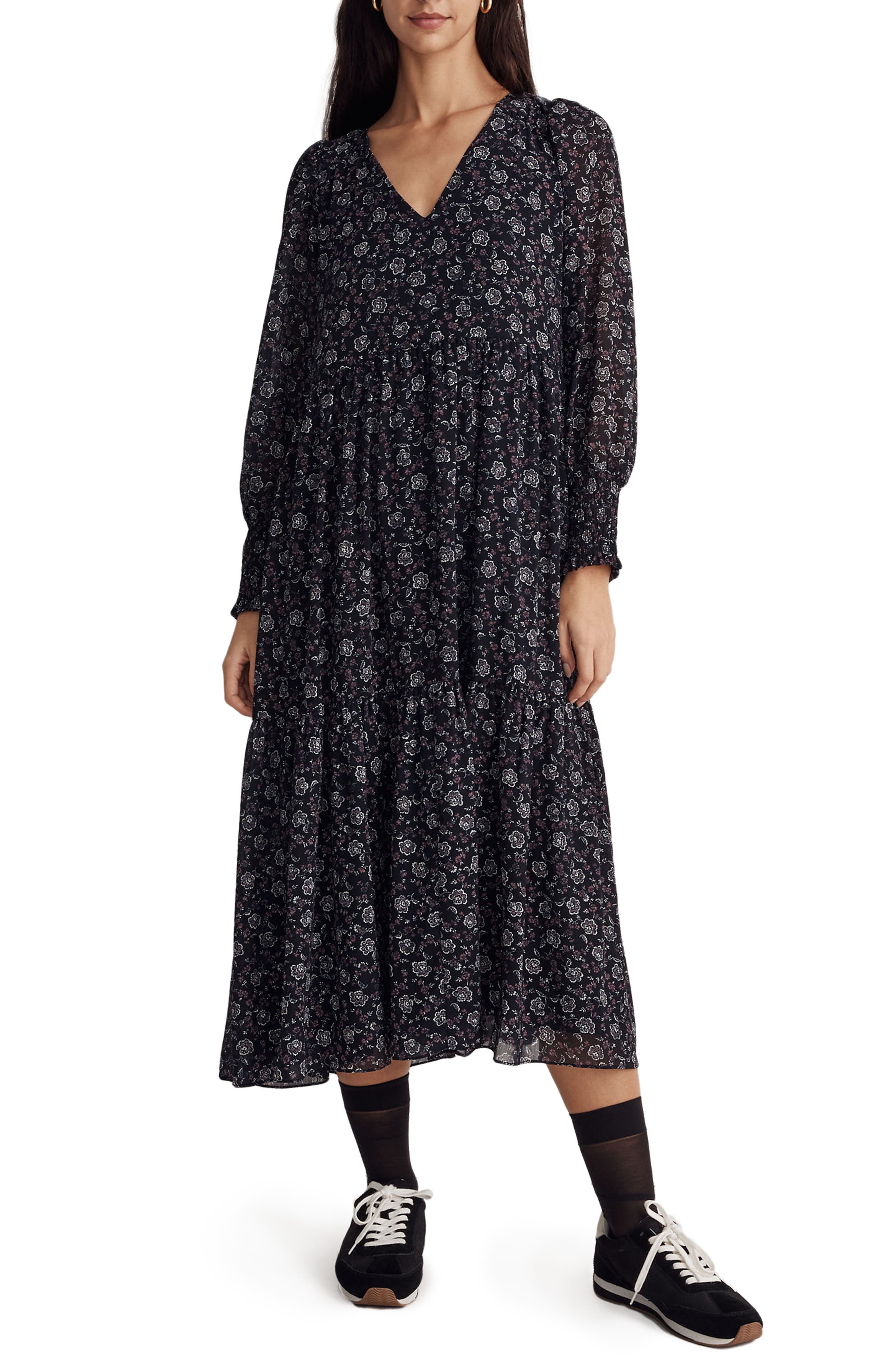 Madewell Enchanted Floral Long Sleeve Georgette V-Neck Tiered Midi Dress