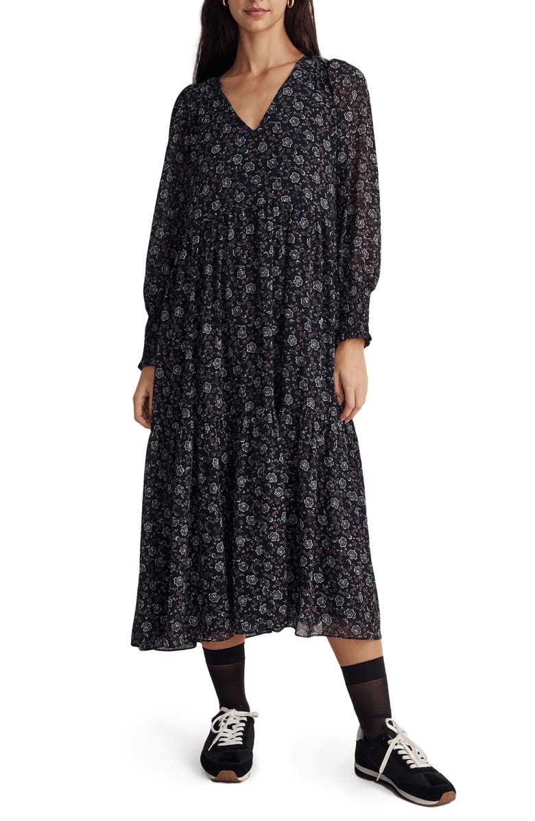 Madewell Enchanted Floral Long Sleeve Georgette V-Neck Tiered Midi Dress, Main, color, Night Vision