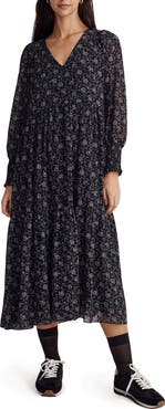 Madewell Enchanted Floral Long Sleeve Georgette V-Neck Tiered Midi Dress
