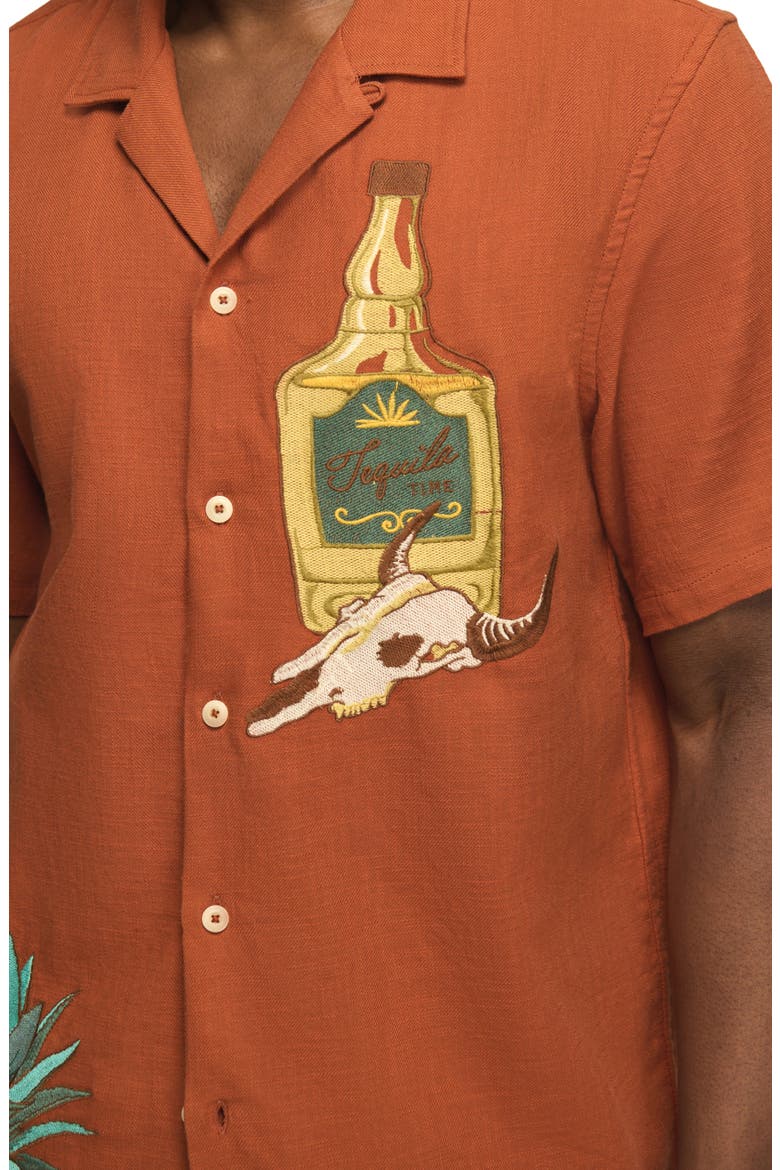 Tequila & Cow Skull Embroidered Slub Cotton Camp Shirt, Alternate, color, GINGER BREAD