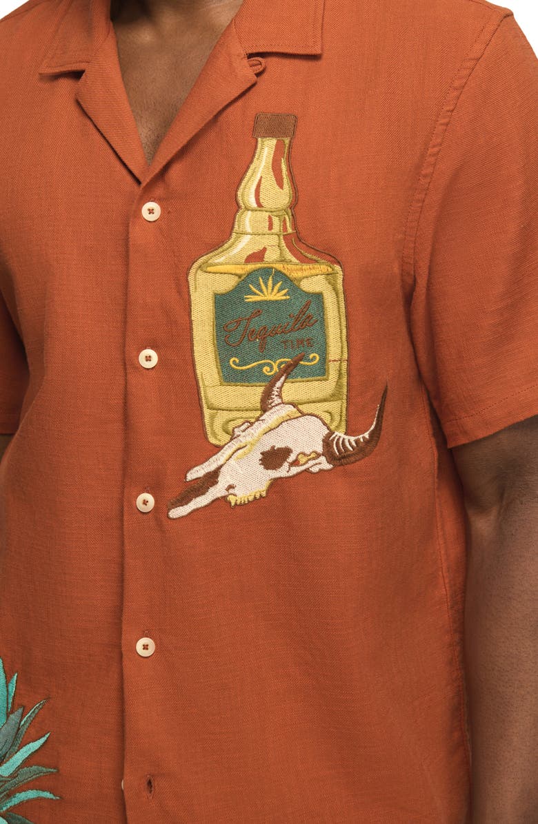Lucky Brand Tequila & Cow Skull Embroidered Slub Cotton Camp Shirt, Alternate, color, Ginger Bread