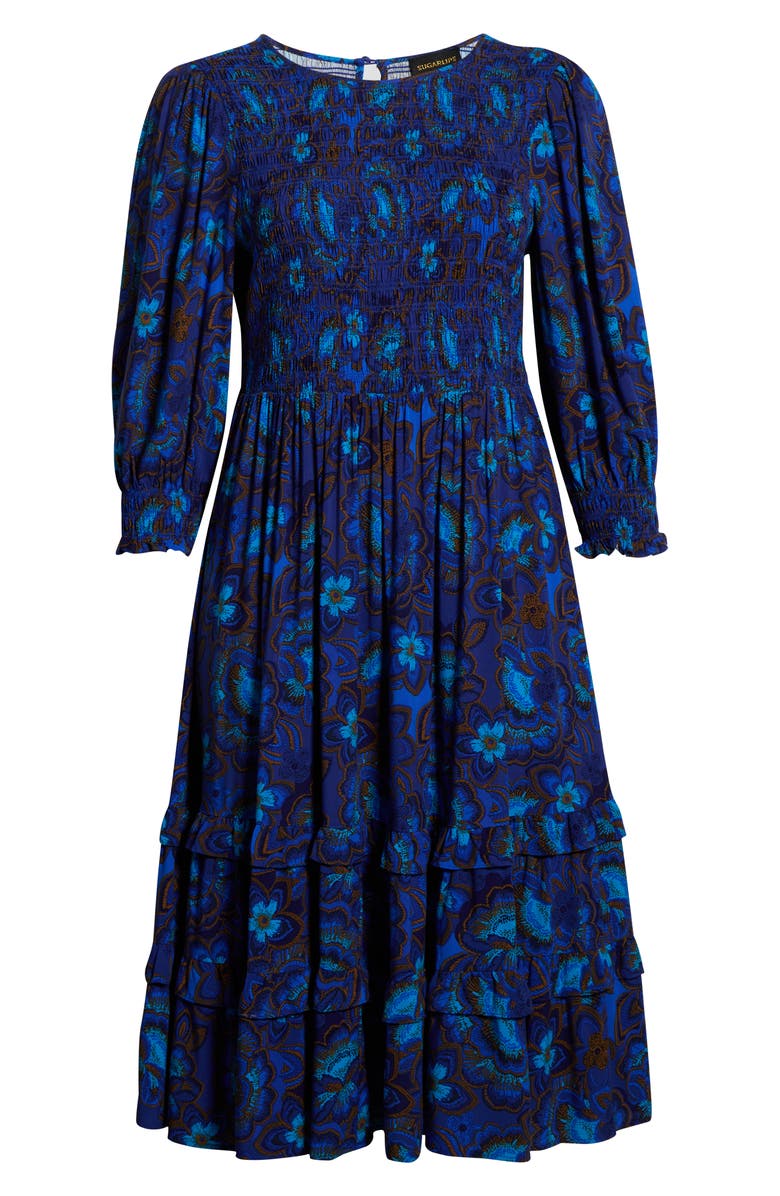 SUGARLIPS Bluford Smocked Long Sleeve Midi Dress, Alternate, color, Navy-Blue